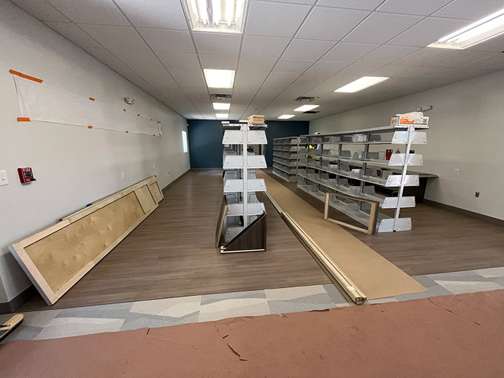 Reading room with partially constructed book shelves